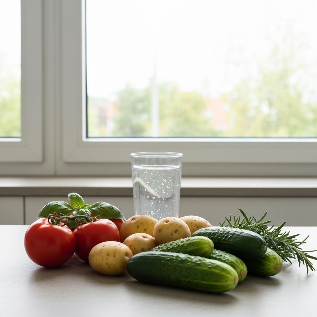 Kitchen workspace with fresh ingredients and herbs